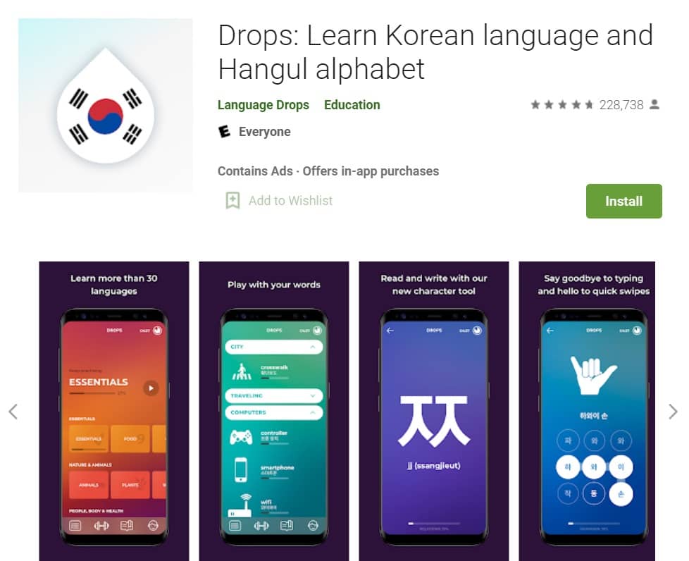 Drops Learn Korean language and Hangul alphabet